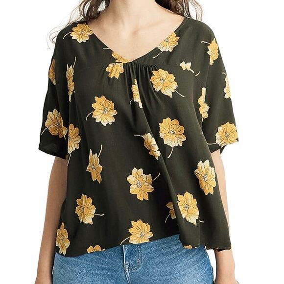 Madewell Rhyme Olive Green Yellow Fall Flowers V-neck Short Sleeve Blouse Top XS - Picture 1 of 8
